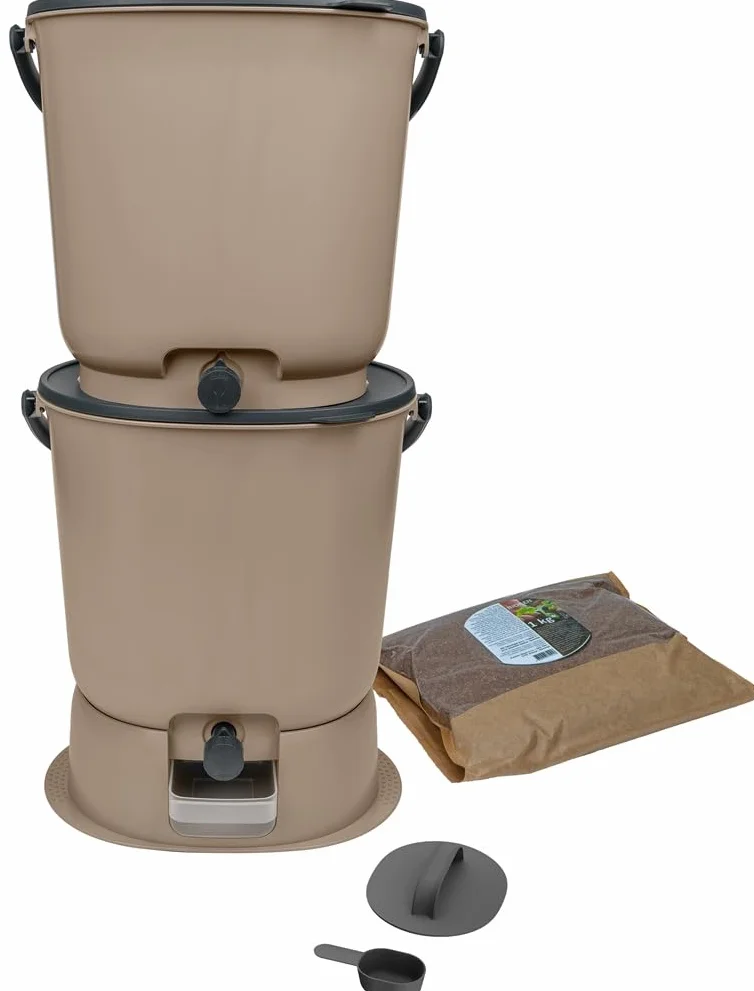 Zestaw 2 kompostowników Bokashi Essential 15,3L + 1 kg do mózgu + 1 Base-Capuccino