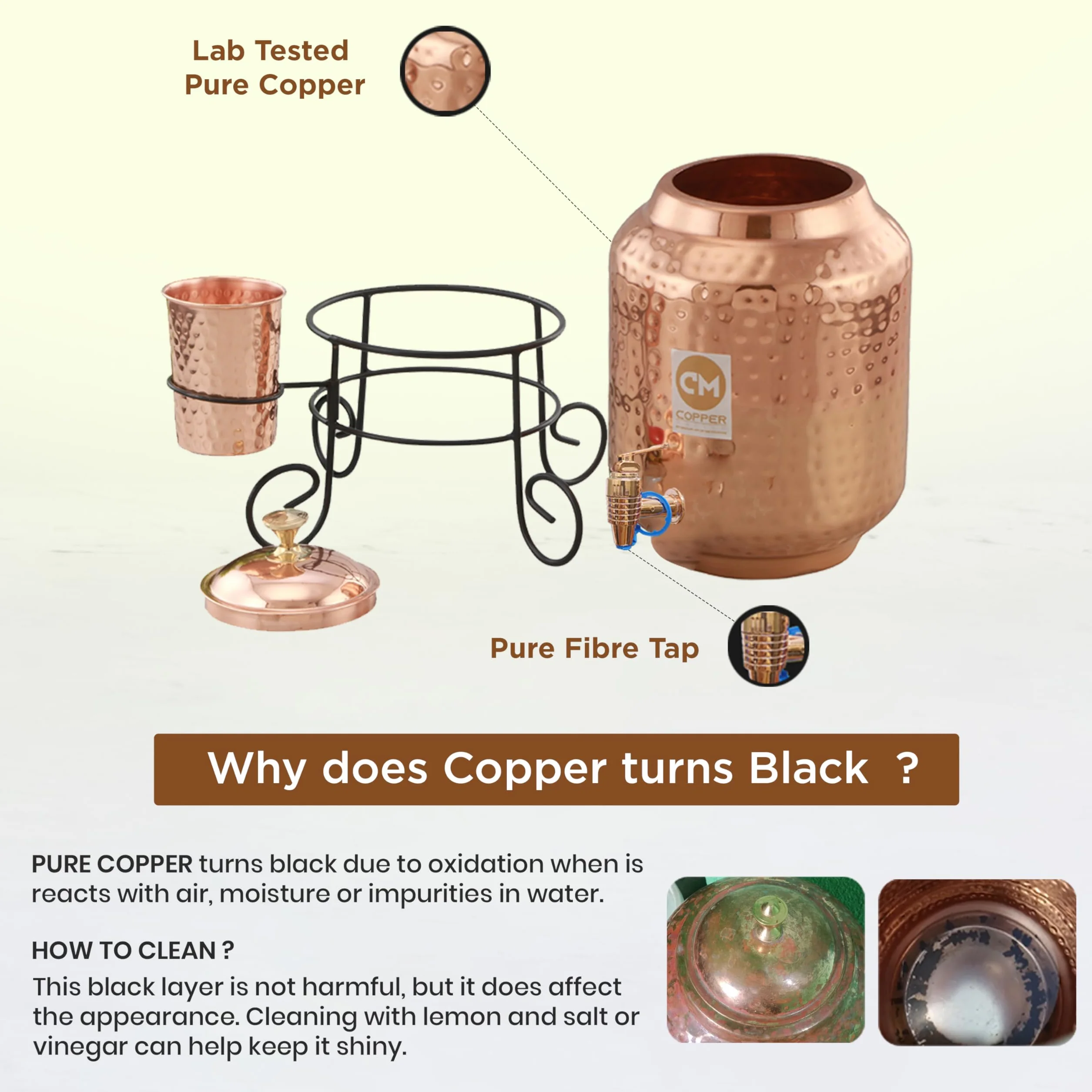 Copper-Master Pojemnik z dozownikiem wody młotkowanej o pojemności 5 l, z 1 miedzianym szkłem i podstawką, czysta miedź i ajurwedyjskie korzyści zdrowotne (5000 ml)