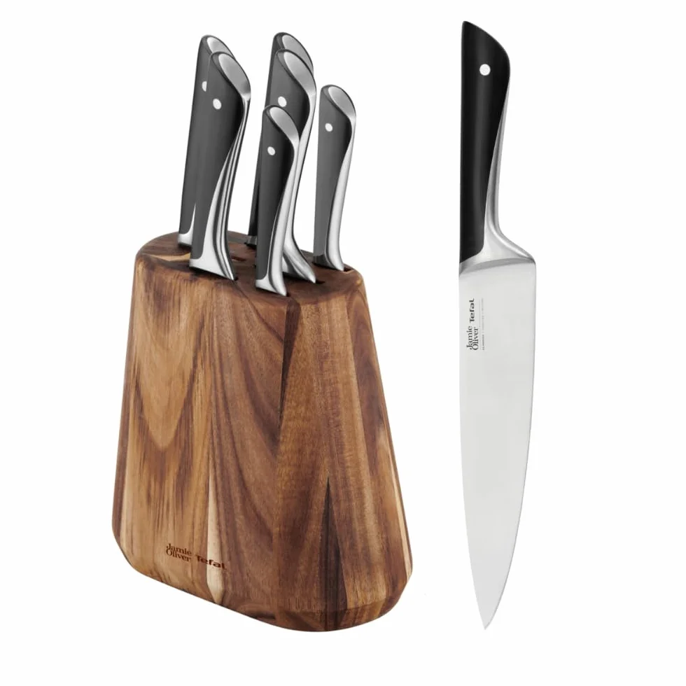Tefal K267S656 Jamie Oliver, 7-częściowy blok na noże, 6 noży kuchennych + drewniany blok na noże, wysoka wydajność cięcia, niepowtarzalne wzornictwo, wytrzymałe i trwałe ostrza, brązowy/czarny