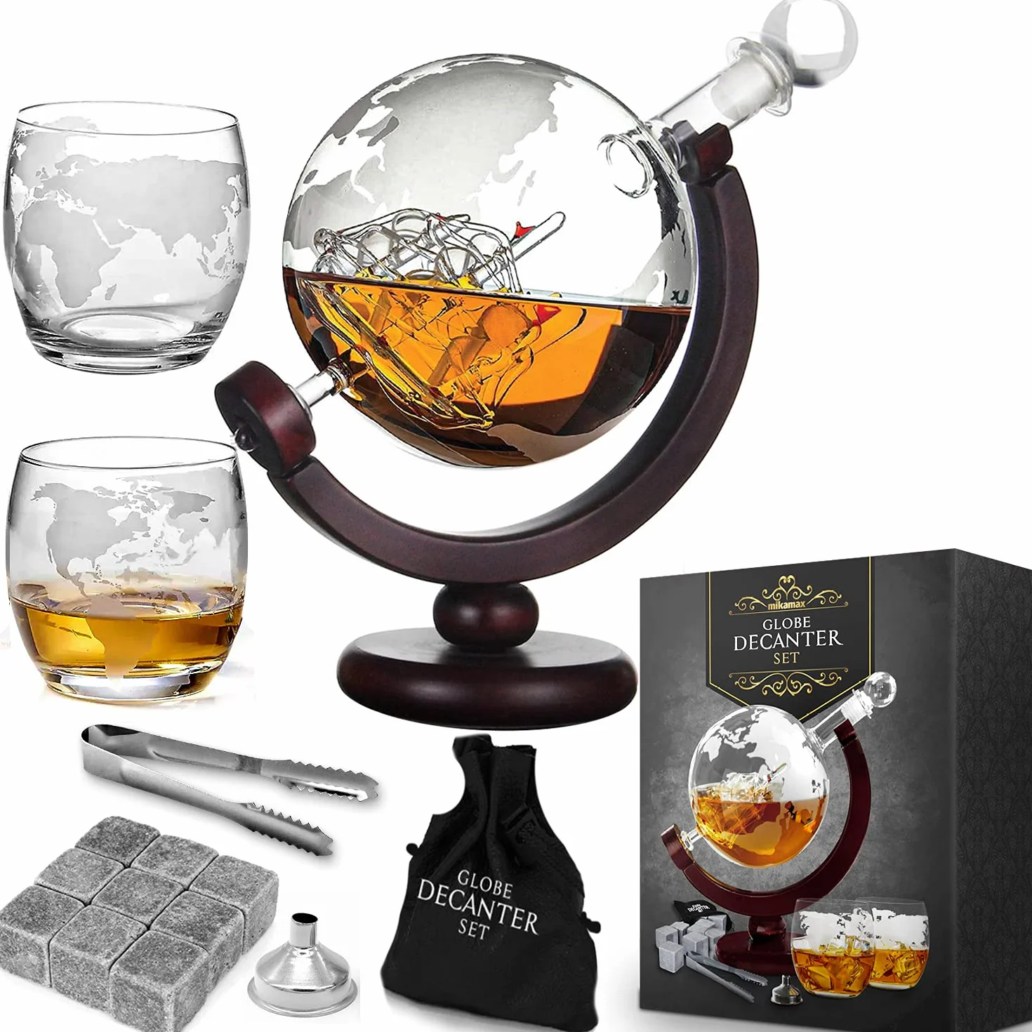 MikaMax - zestaw z karafką Globe - karafka do whisky - z dwoma kieliszkami - ręcznie wykonana - przezroczysta - 850 ml - karafka z hermetycznym uszczelnieniem
