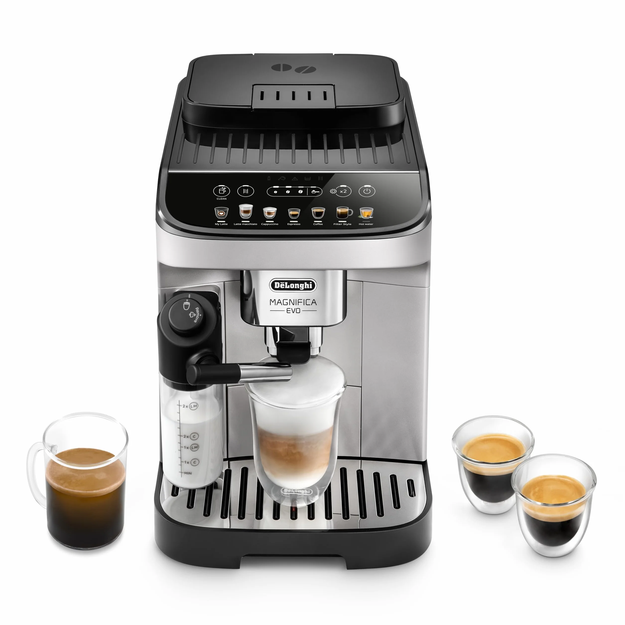 De'Longhi Magnifica Evo ECAM292.81.SB, w pełni automatyczny ekspres do kawy z systemem mlecznym, 7 przycisków bezpośredniego wyboru do cappuccino, espresso i innych specjałów kawowych, panel