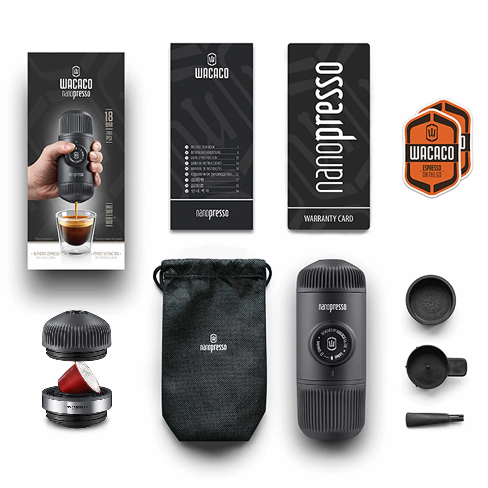 WACACO Przenośny ekspres do kawy Nanopresso w zestawie z NS Adapter, Kompatybilny z kapsułkami NS i kawą mieloną, Zestaw ręcznego ekspresu do kawy, Idealny na kemping