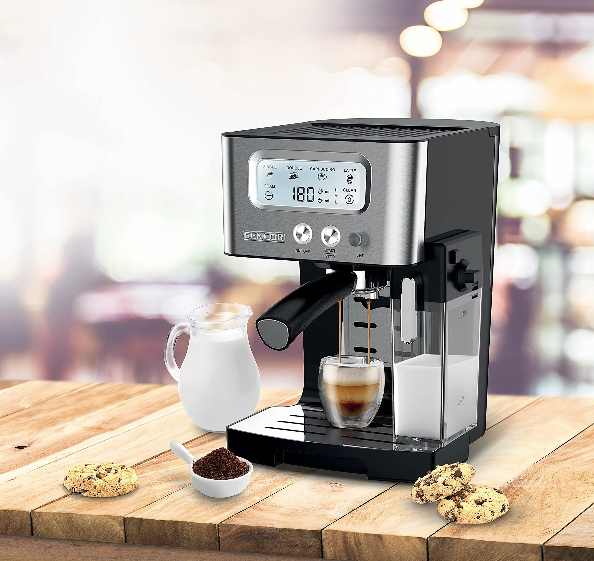 Sencor Maszyna do espresso 15 barów ze spieniaczem, zbiornikiem mleka, LCD, termoblok Barista Express