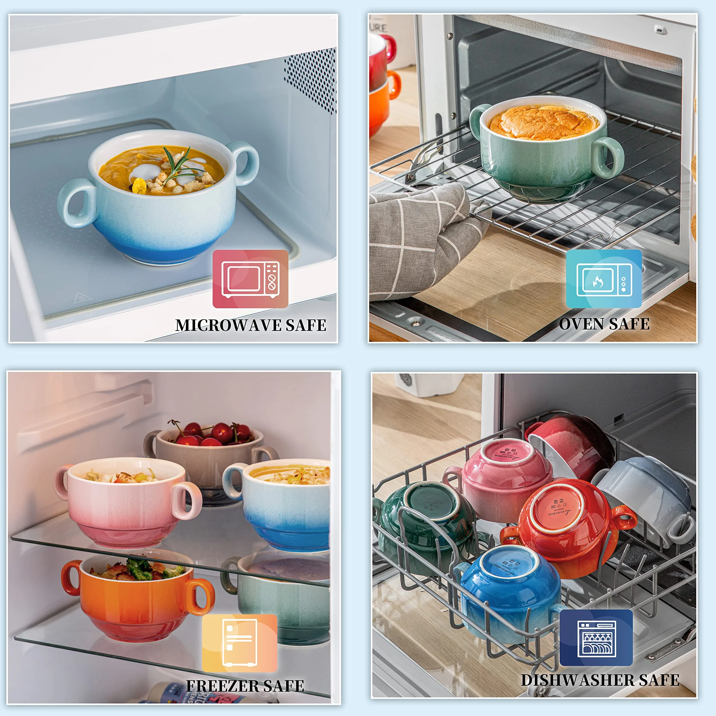 LOVECASA, Kubek do bulionu z uchwytami, 400ml, 6-częściowe ceramiczne miski do zupy, można myć w zmywarce i piekarniku - Wielokolorowy