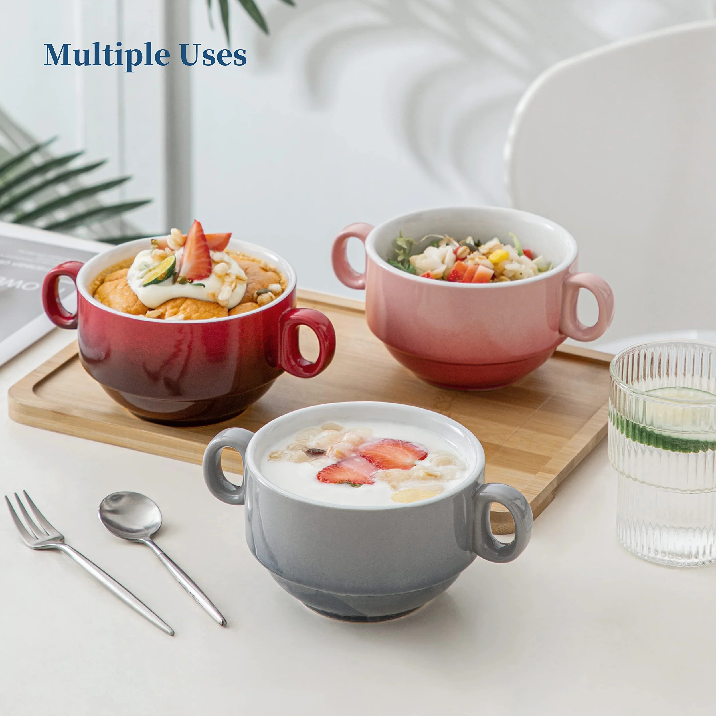 LOVECASA, Kubek do bulionu z uchwytami, 400ml, 6-częściowe ceramiczne miski do zupy, można myć w zmywarce i piekarniku - Wielokolorowy