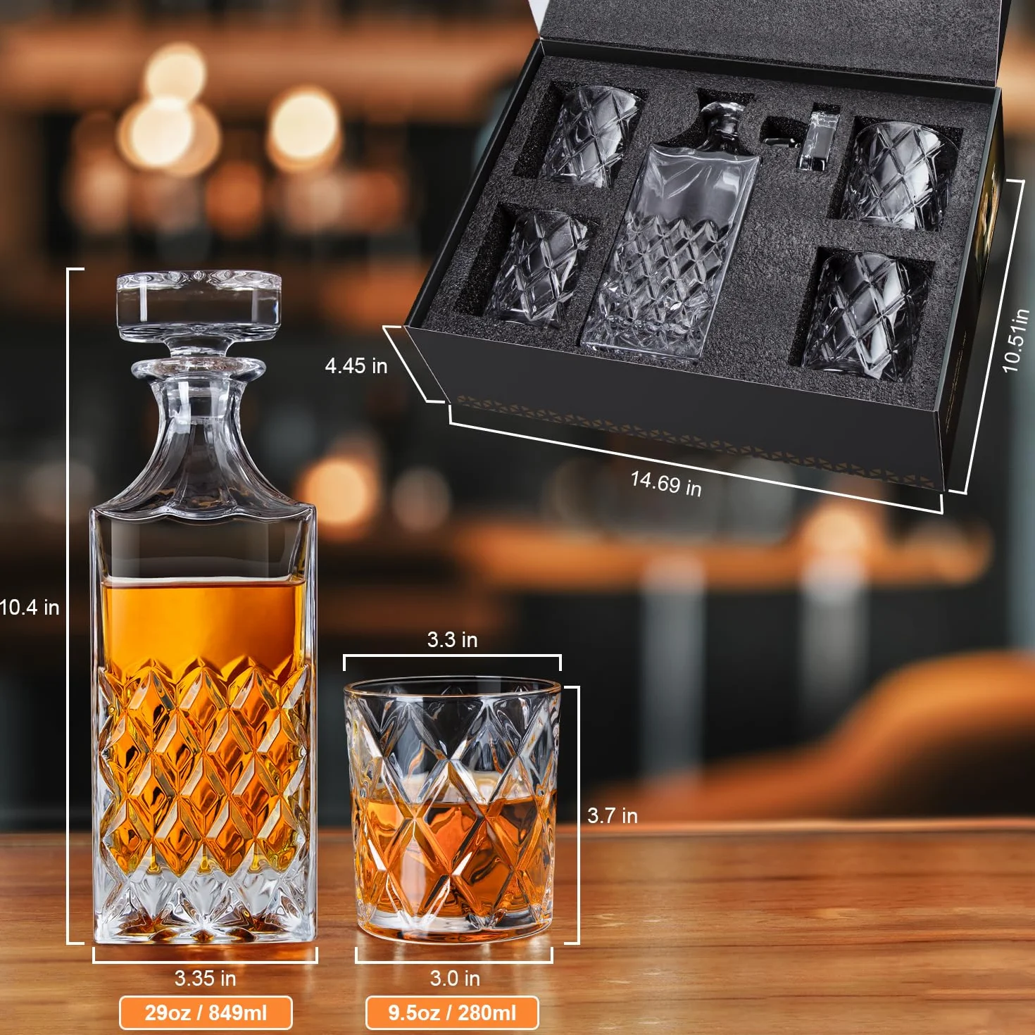 LIGHTEN LIFE Zestaw karafki do whisky – 849 ml z 4 szklankami w pudełku upominkowym, karafka premium bez ołowiu dla mężczyzn