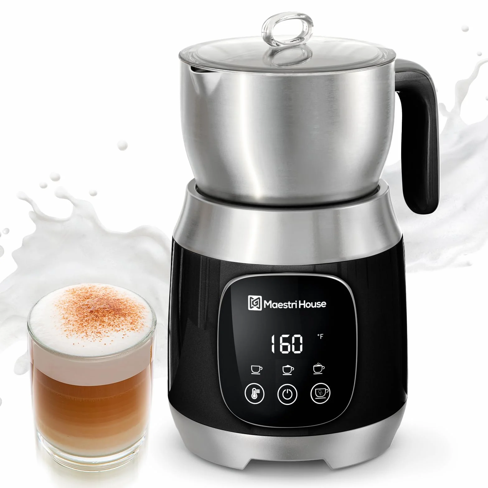 Maestri House 12 w 1 600 ml spieniacz do mleka o zmiennej temperaturze i sile piany, elektryczny spieniacz do mleka, inteligentne sterowanie dotykowe, do latte cappuccino, gorącej czekolady i mleka