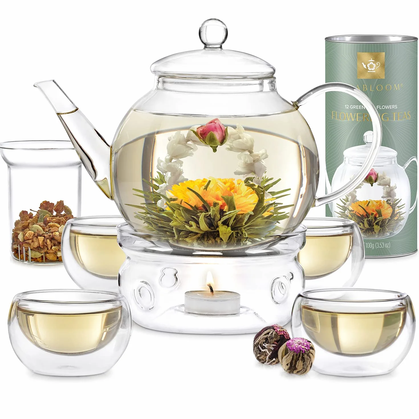 Teabloom Kompletny zestaw do herbaty – szklany czajniczek (1,2 l), zaparzacz do herbaty sypanej, 2 izolowane szklane filiżanki – elegancki zestaw upominkowy 12 kwitnących herbat