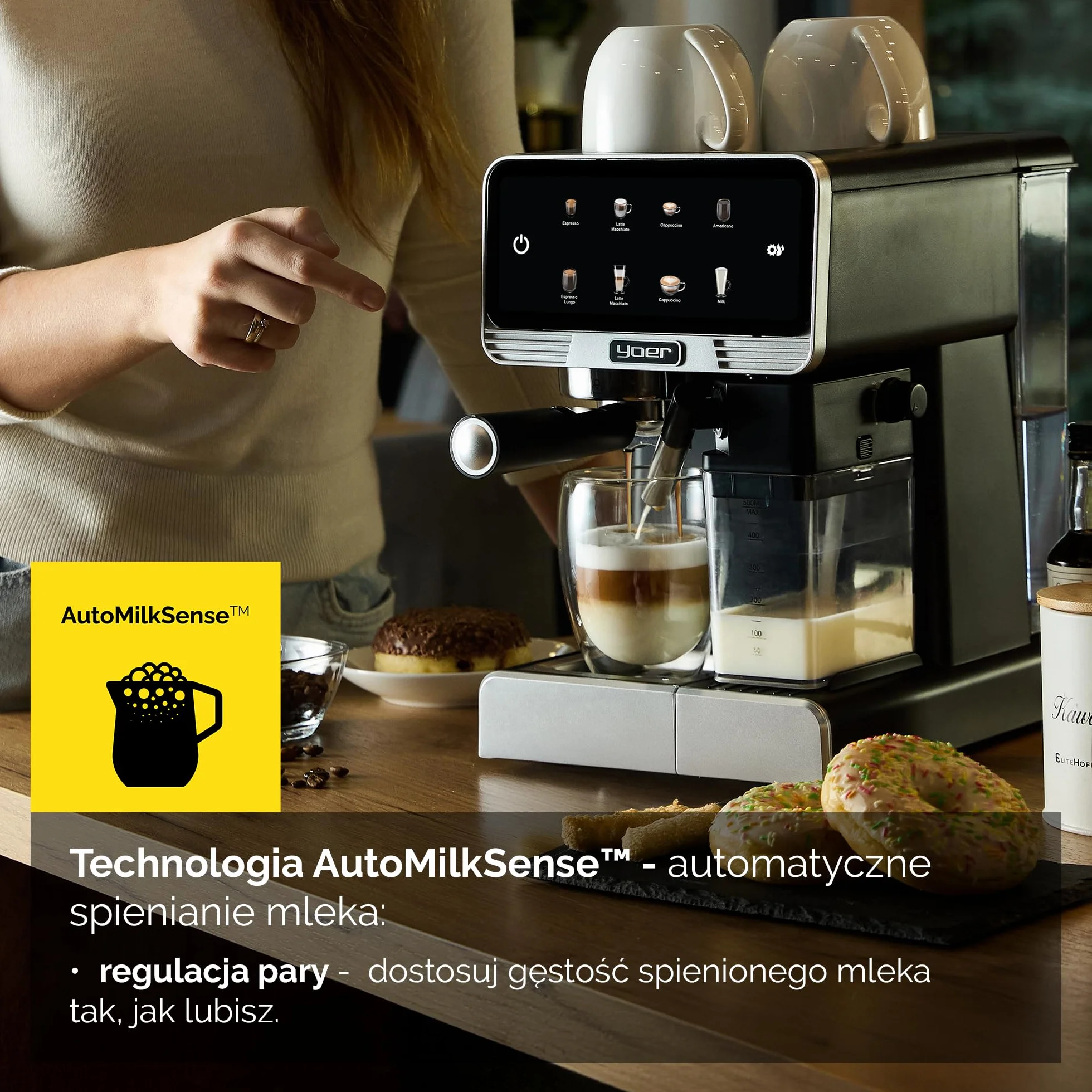 YOER Creamo EMF03BK, w pełni automatyczny ekspres do espresso, 20 bar, 1350 W, 1,8 l, 6 automatycznych programów, automatyczne spienianie mleka, regulacja ilości kawy i mleka, automatyczny