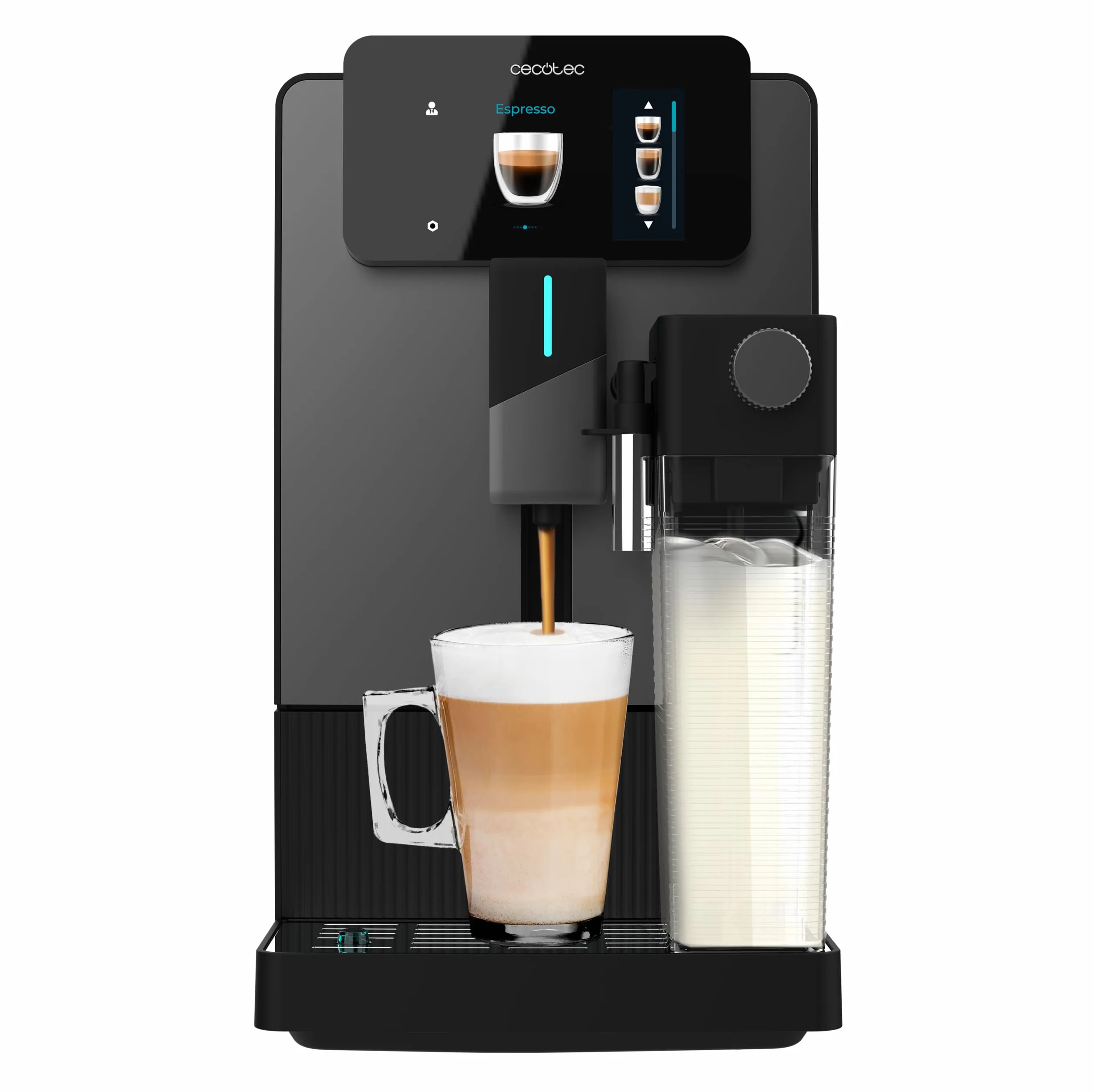Cecotec Super automatyczny ekspres do kawy Cremmaet Latte Touch 19 barów, Thermoblock, 12 napojów, 4 profile, woda 1,1 l i mleko 400 ml, wyświetlacz TFT, młynek stożkowy, automatyczne czyszczenie