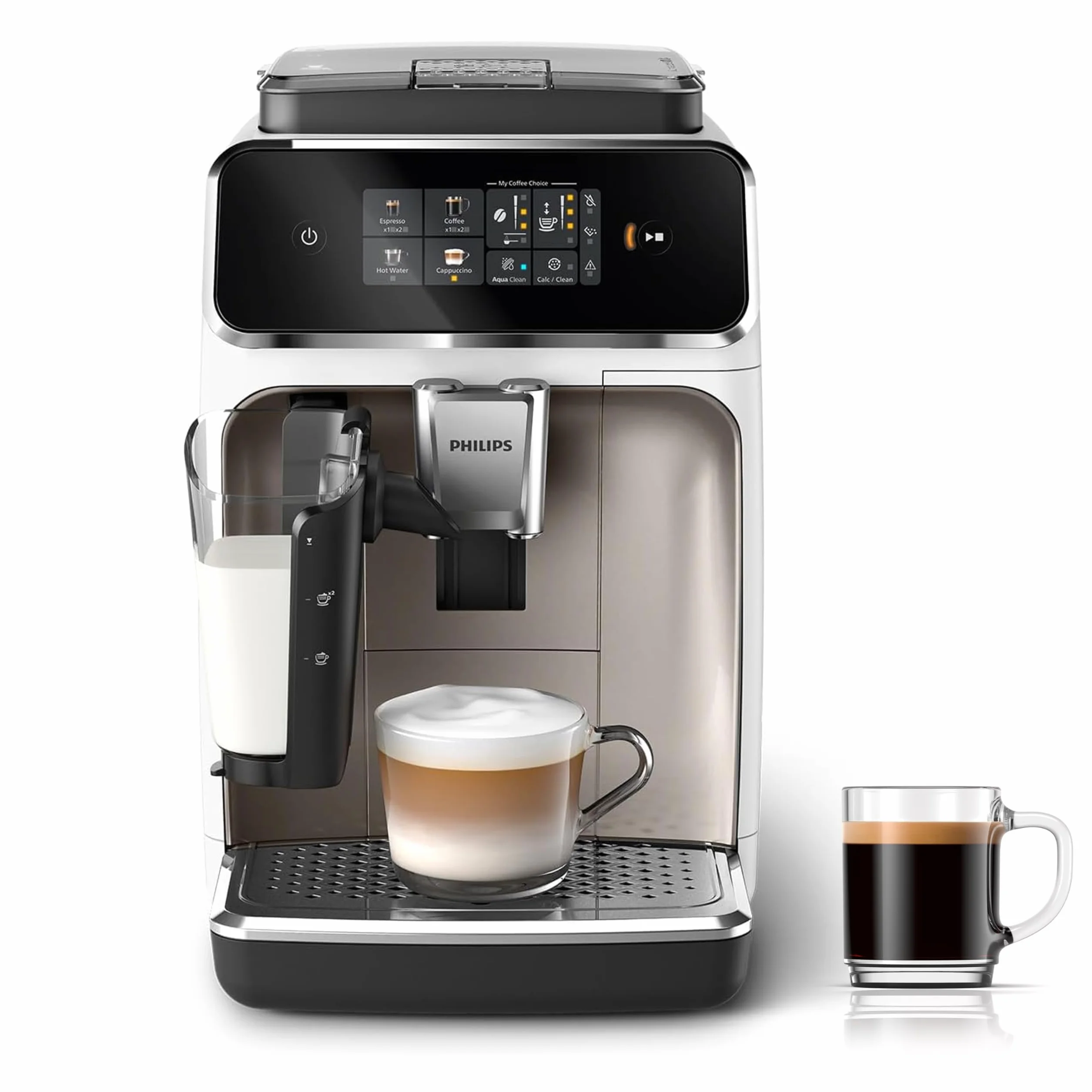 Philips Seria 2300 W Pełni Automatyczny Ekspres Do Kawy – 4 Napoje, Nowoczesny, kolorowy ekran dotykowy, LatteGo, SilentBrew, Ceramiczny Młynek, Filtr AquaClean, Kolor Biały Chrom (EP2333/40)