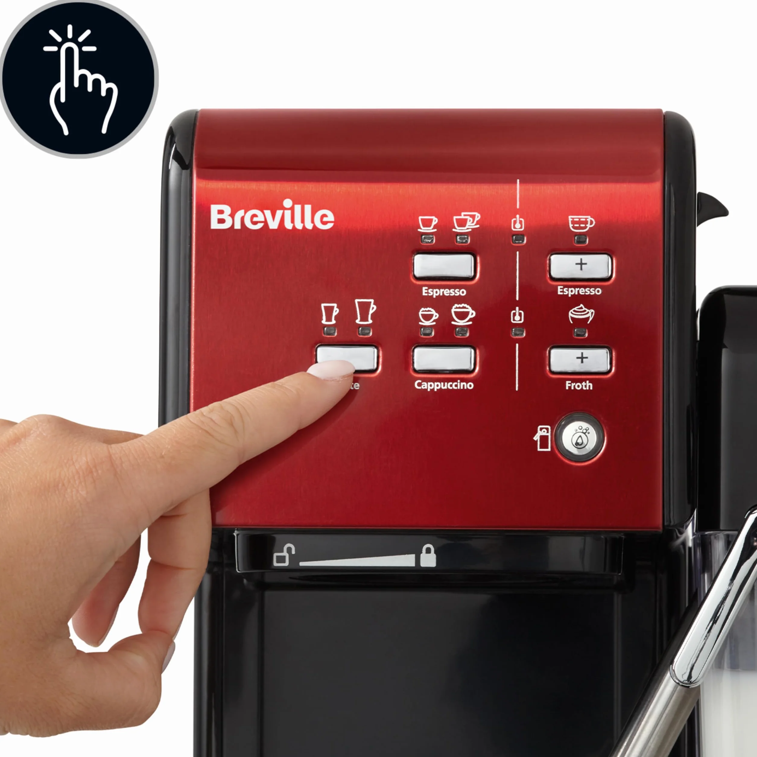 Breville Ekspres do kawy Kolbowy PrimaLatte II VCF109X, 19 Bar, Zintegrowany automatyczny spieniacz do mleka, wyjmowany pojemnik na mleko, Czerwony