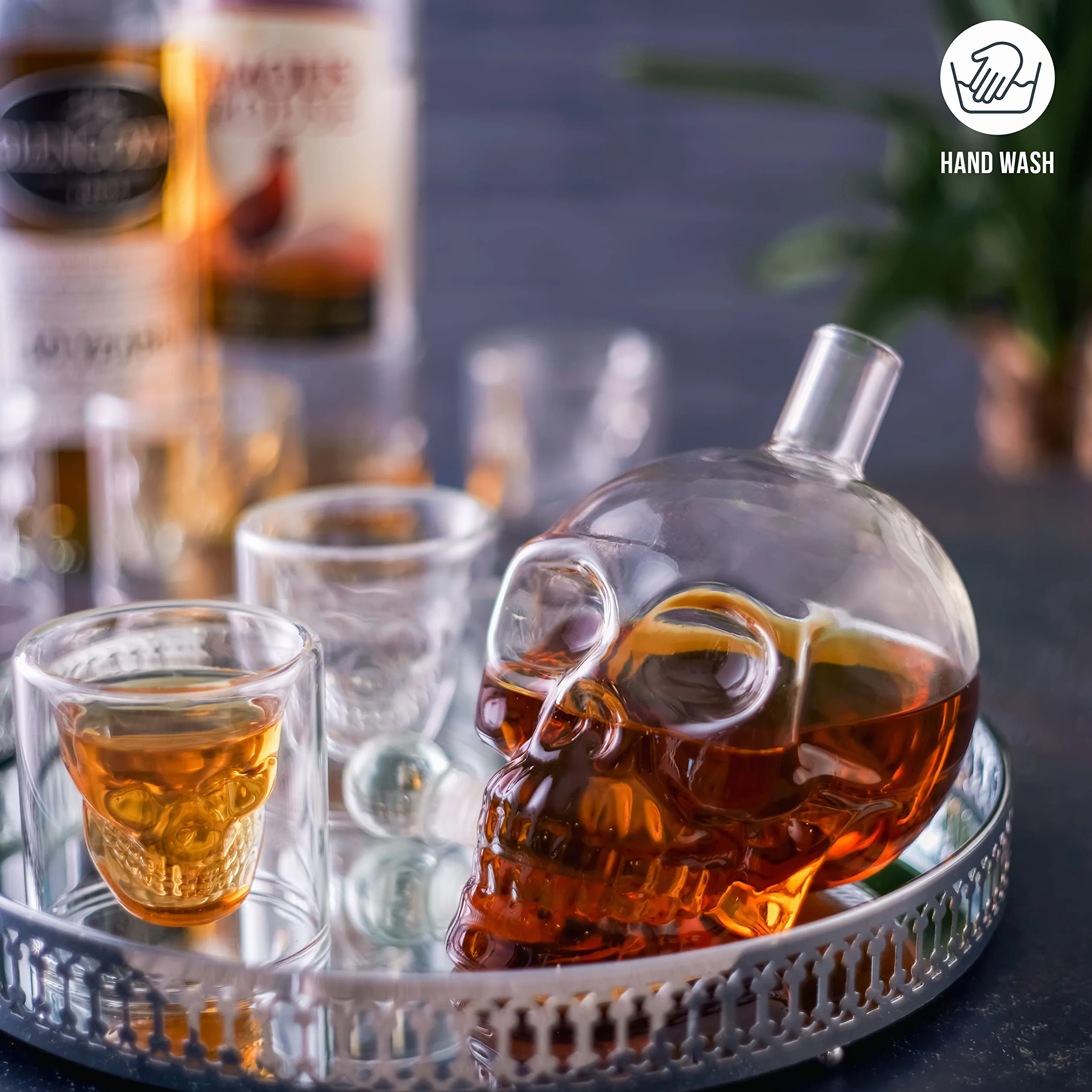 Oak & Steel - Karafka z Czaszką Whisky (700ml) z 6 Kieliszki do Szotów (75 ml) - Zestaw Upominkowy dla Mężczyzn, Dzień Ojca, Urodziny, Boże Narodzenie