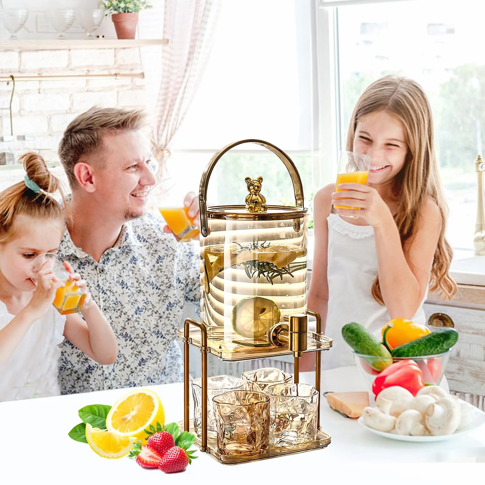 Szklany dozownik do napojów, CEIEVER szklany dozownik do napojów lodowych z kranikiem ze stali nierdzewnej i stojakiem, szklany pojemnik na wodę do zimnych napojów z 4 szklankami, dozownik do