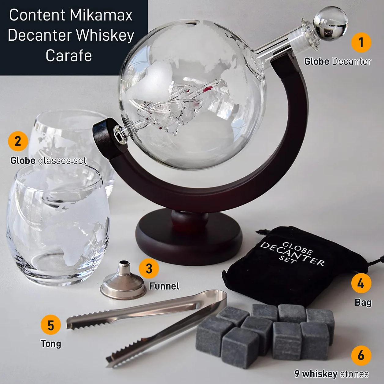 MikaMax - zestaw z karafką Globe - karafka do whisky - z dwoma kieliszkami - ręcznie wykonana - przezroczysta - 850 ml - karafka z hermetycznym uszczelnieniem
