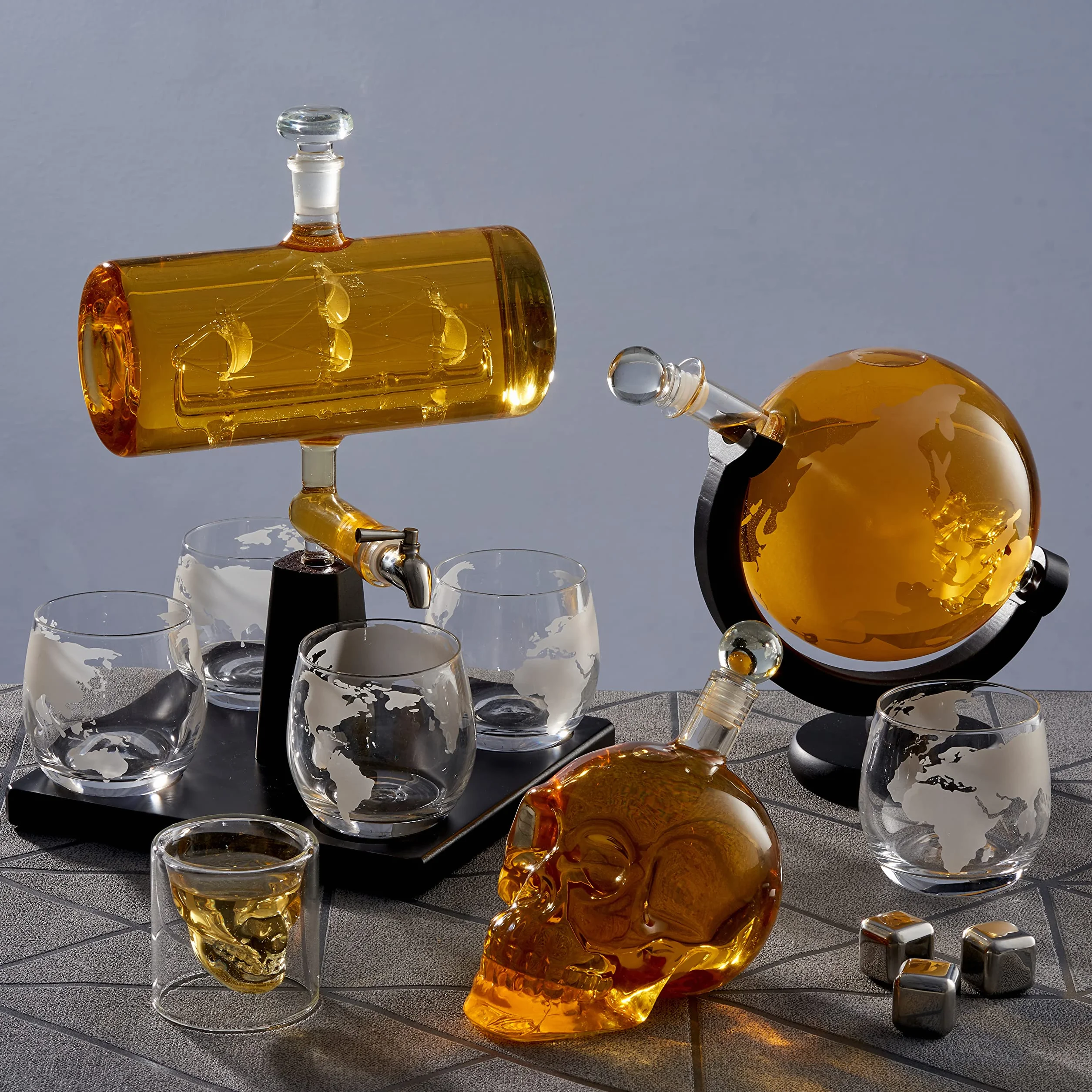 Oak & Steel - Karafka z Czaszką Whisky (700ml) z 6 Kieliszki do Szotów (75 ml) - Zestaw Upominkowy dla Mężczyzn, Dzień Ojca, Urodziny, Boże Narodzenie