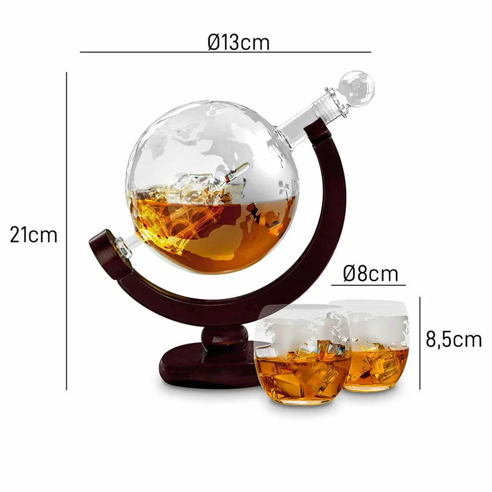 MikaMax - zestaw z karafką Globe - karafka do whisky - z dwoma kieliszkami - ręcznie wykonana - przezroczysta - 850 ml - karafka z hermetycznym uszczelnieniem