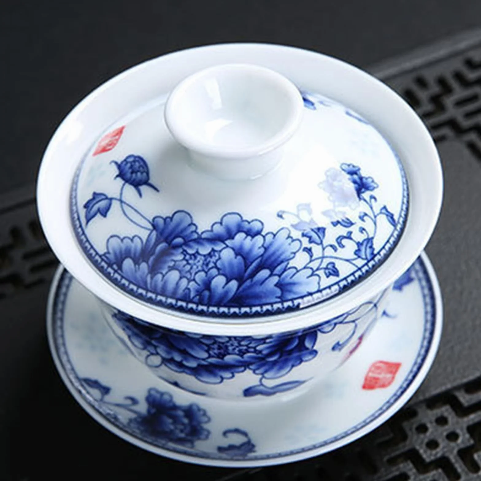 fanquare Gaiwan Chińska miska z pokrywką 220 ml bogata szlachetna piwonia styl porcelanowa filiżanka do herbaty Gongfu ze spodkiem i pokrywką niebiesko-biały serwis do herbaty do wystroju domu