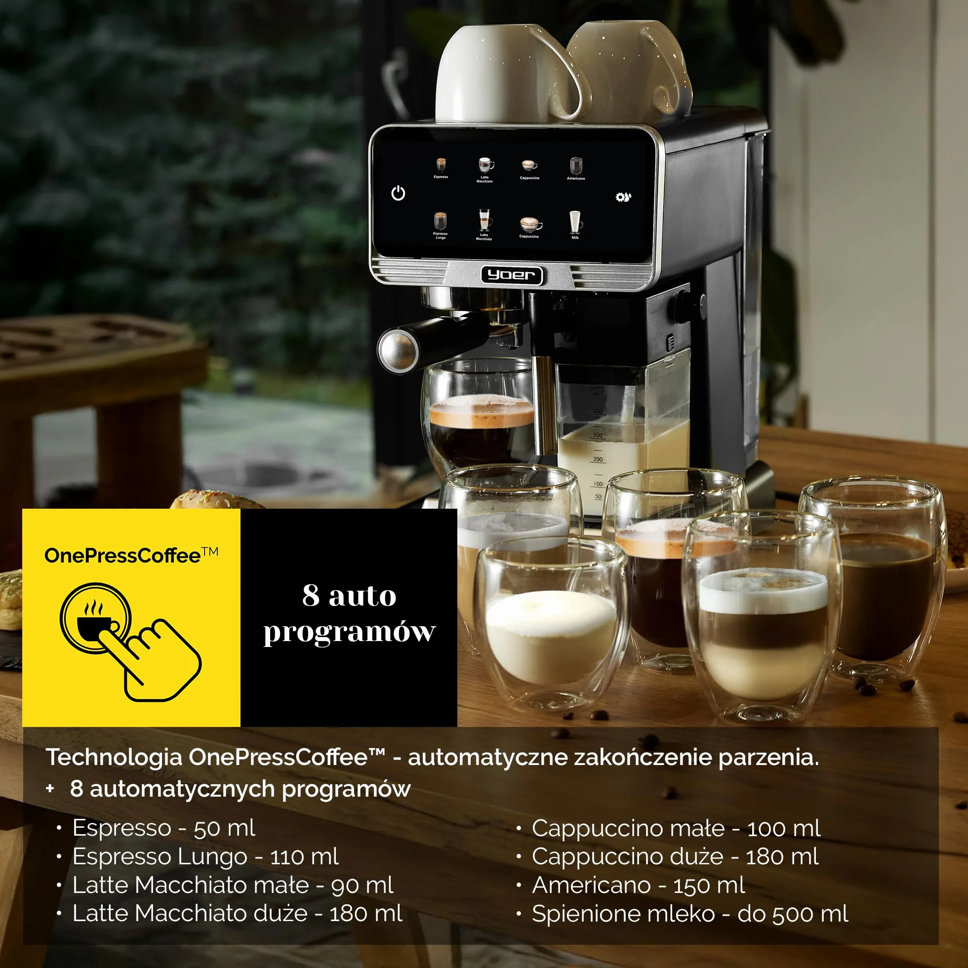YOER Creamo EMF03BK, w pełni automatyczny ekspres do espresso, 20 bar, 1350 W, 1,8 l, 6 automatycznych programów, automatyczne spienianie mleka, regulacja ilości kawy i mleka, automatyczny